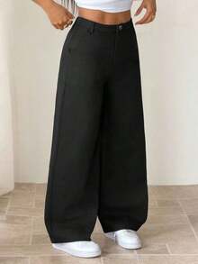 Pantalones anchos casuales y sueltos con bolsillos para mujer - Negro 4 - Ver 6