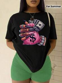 Women's Casual Printed T-Shirt, Round Neck, Short Sleeve, Drop Shoulder Style For Spring And Summer - Hitam - View 3