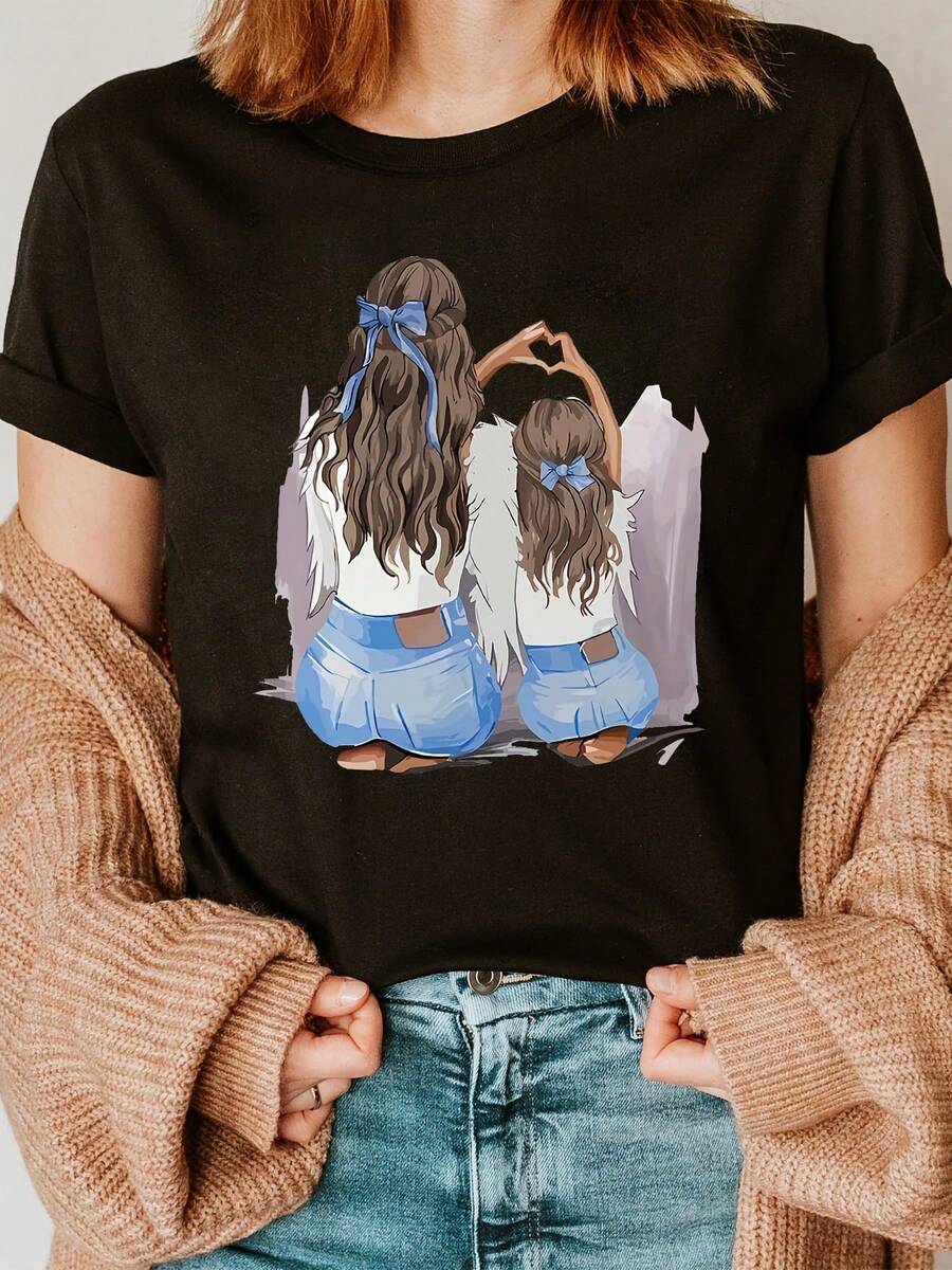 Women's Casual T-Shirt With Mother And Daughter Heart And Handprint Print - Short Sleeve, Round Neck, Semi-Sheer Top, Machine Washable, Comfortable Fit For All Seasons, Ideal For Casual Outfits, Spring Clothes, Heart Motif Design, Breathable Fabric - 黑色 - 查看 1
