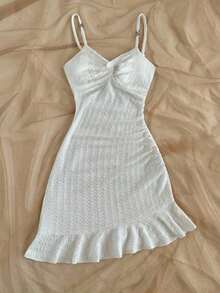 Vestido mini ajustado con cintura ceñida, bajo con volantes y giro asimétrico en el pecho, tejido en rojo, adecuado para vacaciones, citas, té de la tarde, vacaciones, festivales de música, estilo bohemio - Blanco - Ver 3