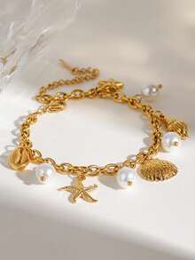1pc Summer Ocean Style Starfish, Shell, Seahorse, Fish & Pearl Chain Stainless Steel Pendant Bracelet, Suitable For Beach Vacation Wear - Gold - View 2
