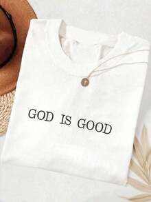 Minimalist Embroidered "God Is Good" Shirt - Christian Faith Gift, Comfortable Colored Shirt, Faith Shirt, Faith T-Shirt, Church Group T-Shirt, Embroidered Crew Neck T-Shirt For Women - 白色 - 查看 3