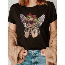 Talla Grande, Gafas de Moda Vintage de Ángel con Corazón para Mujer de Talla Grande y Camiseta con Estampado de Alas de Ángel - Blusa Casual de Manga Corta y Cuello Redondo para Outfits de Primavera Verano, Top Casual Lindo - [Negro] - Ver 1