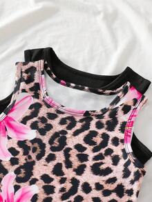 2pcs/Set Young Girls' Summer New Fashionable Versatile Floral & Leopard Print Sleeveless Round Neck Fitted Dress, Suitable For Outdoor Wear - Black - View 8
