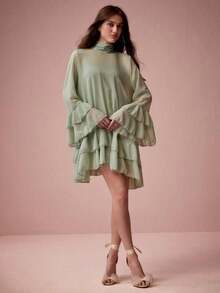 Vestido elegante de manga larga con cuello alto y diseño de capas en unicolor para mujer - verde menta - Ver 4