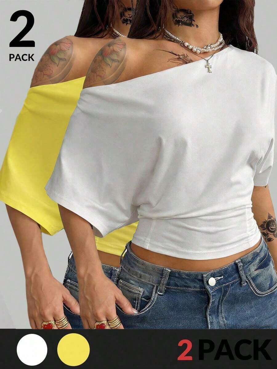 Camiseta esencial de uso diario con cuello asimétrico y cintura ceñida, apta para todo el año, para conciertos y raves con estilo Y2K para mujeres - Multicolor 7 - Ver 1