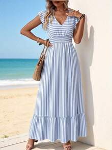 Vestido largo casual y retro para vacaciones, con cintura ceñida, para atuendo diario de primavera/verano, vestidos camiseros para mujer, casual - Azul y blanco - Ver 4