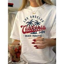 Plus Size T-Shirt 100% Vintage Los Angeles California Surfing Beach Paradise For Women - Short Sleeve With Geometric Print, Soft And Comfortable For Everyday Wear, Travel Or Fitness - 白色 - 查看 2
