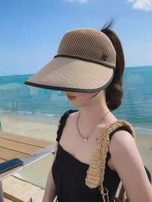 1pc Women's Solid Color Knitted Wide Brim Sun Hat, Breathable Mesh Top, Suitable For Hiking, Travel, Outdoor Activities, Spring/Summer Beach Vacation Design - Multicolor - View 5