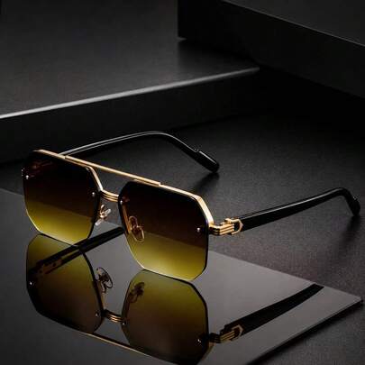 Gafas de aviador sin marco clásicas, de calidad de lujo y protección, gafas de negocios y casual para hombres, con patillas de madera falsa retro, estilo minimalista y ligero elegante, adecuadas para conducir, viajar, decoración, también ideales para la playa en verano, actividades al aire libre