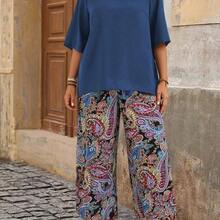 Plus Size Holiday Casual Solid Color Top And Paisley Print Pants 2 Pieces Set,Holiday Outfits Boho - Multicolor - Ver 7