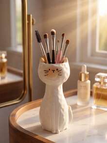 1Pc Milk White Cat Shape Resin Makeup Brush Holder - Creative Cartoon Cute Desk Organizer For Vanity, Lipstick & Eyebrow Pencil Storage, Gift For Her | Home Decor, Room Decor, Boho Decor, Desk Decor, Vanity Organizer, Cute Collectible, Unique Gift, Table Centerpiece - View 1