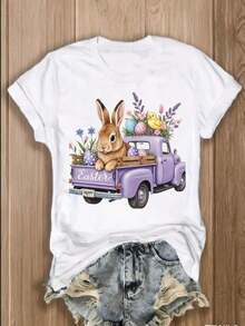 1 Easter Bunny Design T-Shirt | Casual Round Neck, Short Sleeve, Stretch Fabric,  Design With Bow And Pink Polka Dots, Spring/Summer/Autumn Top, Comfortable Fit, 180g 100% Cotton Women's T-Shirt. - 白色 - 查看 7