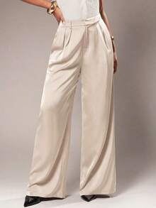 Pantalones anchos de pierna ancha de color café oscuro de moda minimalista para mujeres, pantalones de tela marrón de pierna ancha para el trabajo, pantalones de tiro alto de pierna ancha marrón para mujeres, pantalones de traje marrón para otoño/invierno - Albaricoque 2 - Ver 4