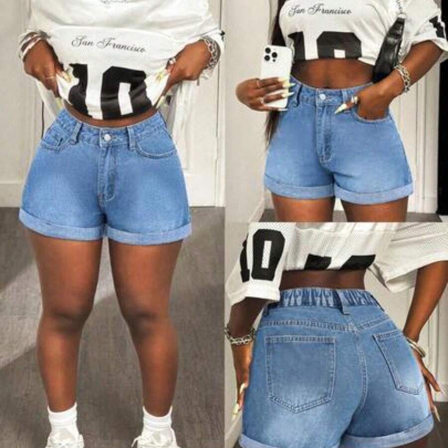 Plus Size Women Blue High Waist Casual Summer Denim Super-Short Shorts - Lavado ligero - Ver 1