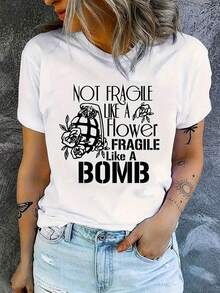 Camiseta gráfica "BOT FRAGILE" de moda, top casual de manga corta con cuello redondo para mujer, mezcla de poliéster transpirable, lavable a máquina. - Negro - Ver 6
