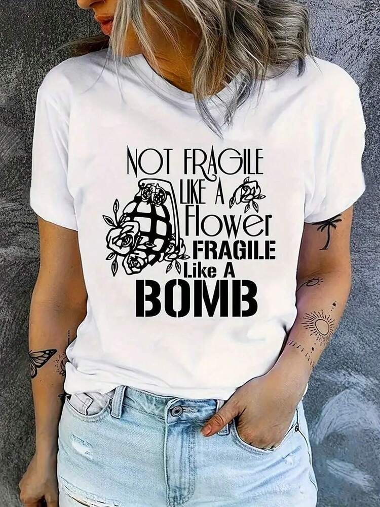 Camiseta gráfica "BOT FRAGILE" de moda, top casual de manga corta con cuello redondo para mujer, mezcla de poliéster transpirable, lavable a máquina. - Negro - Añade 6