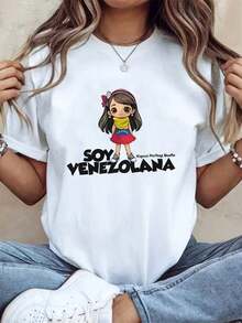 Conjuntos Minimalistas de Verano para Mujer, Ropa de Vacaciones para Mujer, Conjuntos de Primavera para Mujer, Camiseta Gráfica VenezuelaS, Talla Grande, Algodón Cómodo, Manga Corta, 220g, C - Blanco - Ver 9