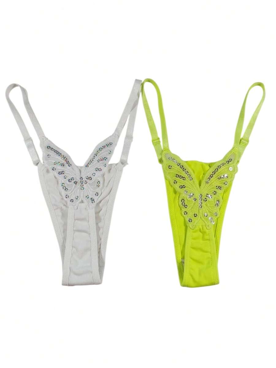 Butterfly Panties Kit 2 Microfiber Thong Lingerie Sexy Sensual Adjustable G-String - Blanco y amarillo neón - Ver 1