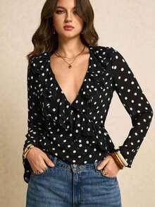 Blusa de moda sexy para mujer con dobladillo con volantes, escote en V profundo, estampado de lunares y mangas acampanadas - Negro - Ver 9
