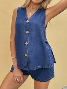 Set de 2 piezas de top sin mangas con cuello en V y botones delanteros sólidos y shorts de mezclilla para maternidad - Azul - Ver 3