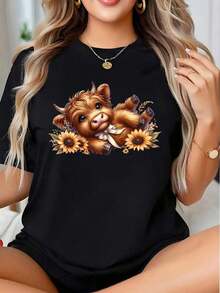 1 pieza - Camiseta de mujer con diseño de vaca de las Highlands y toro estilo Scottish Terrier con girasoles |     Top casual de verano de manga corta y cuello redondo, color blanco, blusa con estampado de pantorrillas marrones, ropa lavable para primavera y verano (sin cinturón), 180g, 100% algodón, los estampados son completamente impresos. Unisexo. - Negro - Ver 1