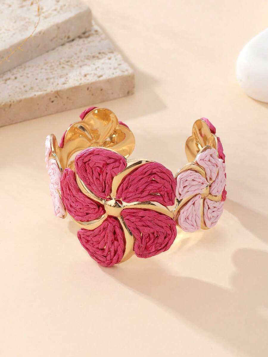 1pc Raffia Flower Open Bangle Bracelet, Contrasting Metal Flower Holder, Niche Accessory, Suitable For Beach Vacation, Summer Party, Gathering With Friends, Daily Wear, Vacation Style / Energetic Style / Retro Style - Plum Red - View 1