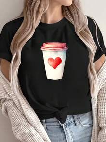 Plus Size, Plus Size Graphic Print T-shirt, Short Sleeve Crew Neck Casual Top for Summer & Spring, Women's Plus Size Clothing - Negro - Ver 2