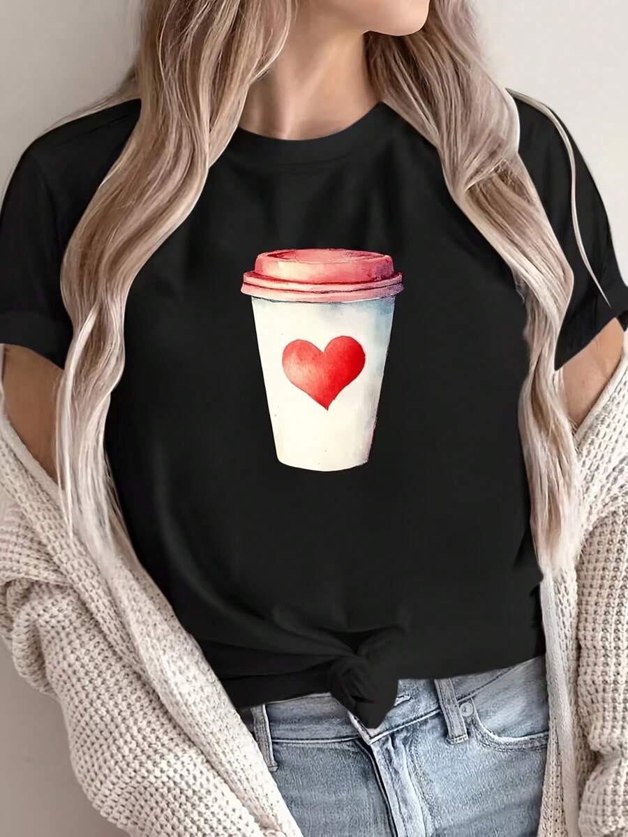 Plus Size, Plus Size Graphic Print T-shirt, Short Sleeve Crew Neck Casual Top for Summer & Spring, Women's Plus Size Clothing