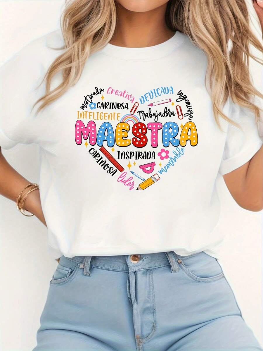 Women's Graphic T-Shirt "Teacher" - Colorful Inspirational Art Print, Breathable Short Sleeve, Crew Neck, Casual Spring/Summer Wear, Machine Washable, Teacher Appreciation, Women's Clothing - 黑色 - 查看 1
