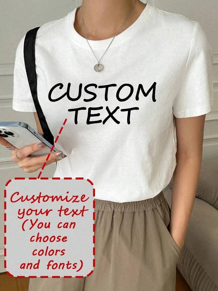 blusas para mujer playeras de mujer blusas casuales para dama Camiseta de manga corta personalizada para mujer, agrega texto (lema/frase especial/frase divertida/nombre/eslogan, etc.), elige el color y la fuente preferidos, diseña tu propia camiseta impresa personalizada como regalo para tu novia.De moda, hippie, casual, minimalista y distintiva, personalización personalizada, única.Regalo ideal para ropa de hombre, armario cápsula, ropa básica/urbana para hombre, para novio, familia, amigos, adecuado para cumpleaños, vacaciones/feriados, escuela/competencia, deportes/escalada, otoño de moda, eventos urbanos, etc. AF4V - Blanco - Ver 1