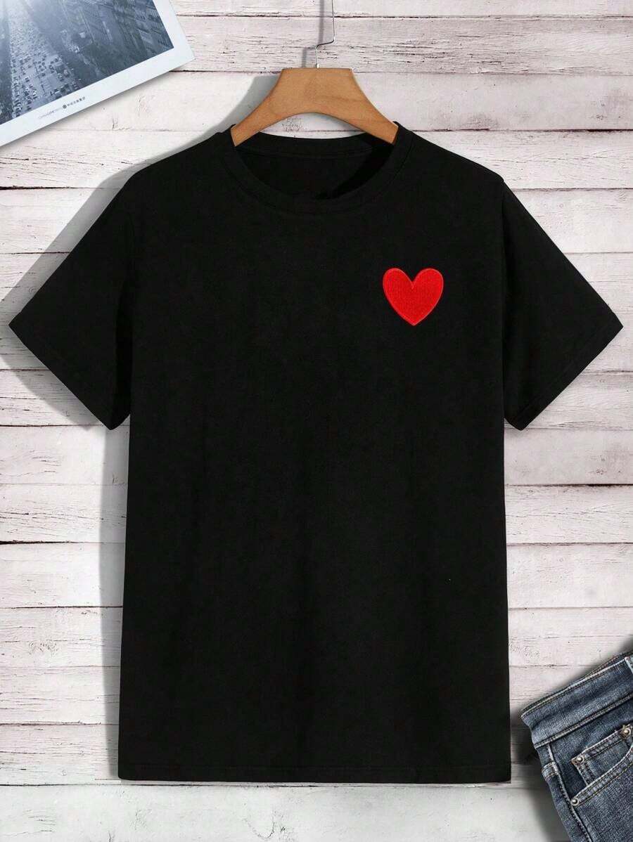 Manfinity Dauomo Men's T-Shirt With Heart Embroidery - 黑色 - 查看 1