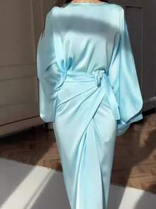 Conjunto de dos piezas liso para mujer, nueva colección otoño 2026, estilo europeo y americano, manga murciélago minimalista, cintura con cordón, efecto estilizante - azul cielo - Ver 1