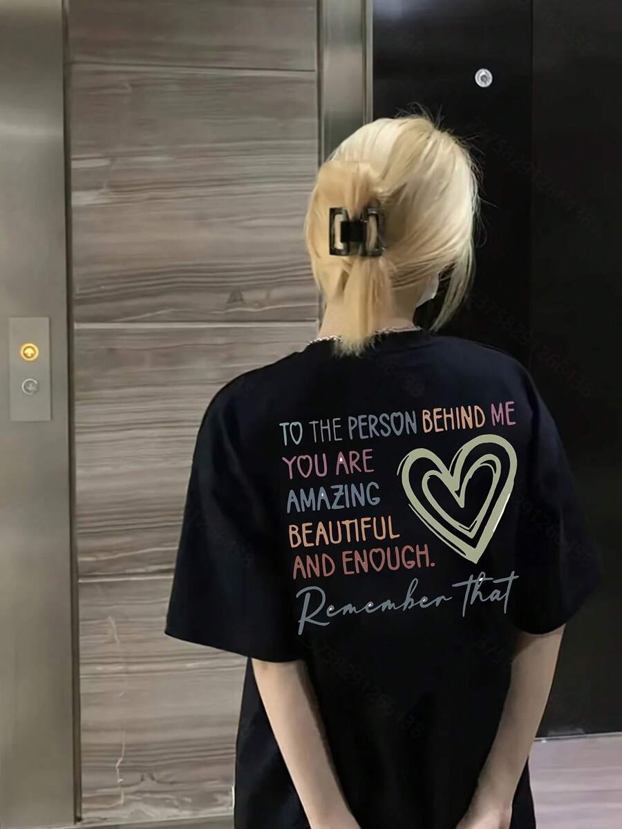 Camiseta Pura para Mujer Manga Corta Diseño de Nicho y Estampado 2025 Verano Nuevo Top Holgado de Manga Media y Ajustado para Mujer - Negro - Ver 1