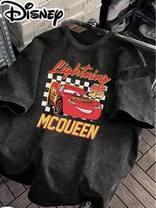 Disney Cars Lightning McQueen Flame Painted Checkered Background # 95 Creative Print Design  Oversized Distressed Fashion T-Shirt 2026 Spring/Summer Crew Neck T-Shirt Style Retro Fashion Lovers Popular Distressed Crew Neck T-Shirt, Unisex, Great Gift - màu đen - Xem 2