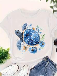 Women's Elegant Short-Sleeved Cotton T-Shirt With A Blue Sea Turtle Print - Marine Animal - Floral, Short Sleeves, Round Neck, Perfect For Casual Wear In Spring And Summer. - 白色 - 查看 6