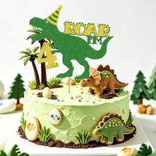 1 pièce/3 pièces Décoration de gâteau d'anniversaire en forme d'œuf de dinosaure, dinosaure vert et or pailleté - Multicolore - Voir 6