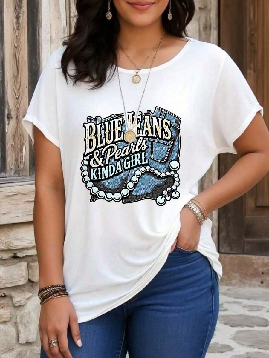 Camiseta Casual con Estampado Gráfico para Mujer, Diseño "Kinda Girl" con Jeans Azules y Perlas, Camiseta Holgada y Cómoda para Uso Diario, Top de Moda Primavera-Verano para Damas - Blanco - Ver 1