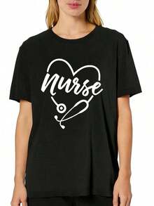 1 camiseta con estampado gráfico de enfermera y corazón, cuello redondo, manga corta, camiseta casual a la moda, ajuste cómodo, lavable a máquina, para primavera y verano, ropa de mujer, 180g 100% algodón, los diseños están impresos. Unisexo. - Negro - Ver 7