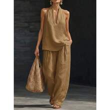 Women's Halter V-Neck Sleeveless 2-Piece Set, Solid Wide Leg Pants, Casual Lounge Co-Ord Outfit For Summer Vacation - 黑色 - 查看 3