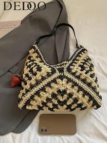 Dedoo 女士手工编织格子手提包，大容量（随机草莓吊饰和肩带） - 黑與白 - 查看 7