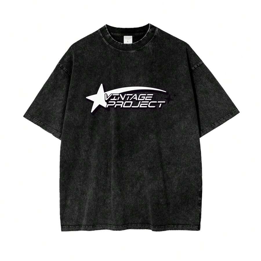 1 pieza Camiseta de manga corta de cuello redondo oversize unisex desgastada y lavada, 100% algodón pesado de 220g, diseñada por artistas Y2K estilo americano vintage, estampado gráfico de nombres de ciudades, ideal para uso diario, conciertos y festivales - Negro - Ver 1