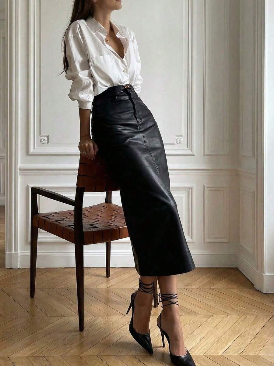 Falda lápiz midi de cintura alta, elegante, de cuero vintage, para uso diario y de negocios, de corte ajustado, color negro, para primavera - Negro - Ver 1