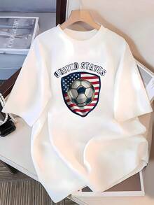 Soccer Ball On A Shield With The American Flag Symbolizing Sports Passion And National Pride. Women's 100% Cotton Comfortable Casual Short-Sleeved T-Shirt For Everyday Wear. - 白色 - 查看 3