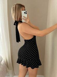 Vestido mini casual, de vacaciones, de estilo retro, con escote en V profundo y estampado de lunares blanco y negro - Negro - Ver 2