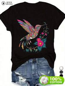 Women's 180g Black Cotton Short-Sleeve Crew Neck T-Shirt With Vibrant Floral And Hummingbird Print,  Summer Casual T-Shirt For Women, Soft And Breathable Fabric, Perfect For Nature Lovers, Artistic Graphic Design, Fashionable And Comfortable T-Shirt For Everyday Wear - 黑色 - 查看 8
