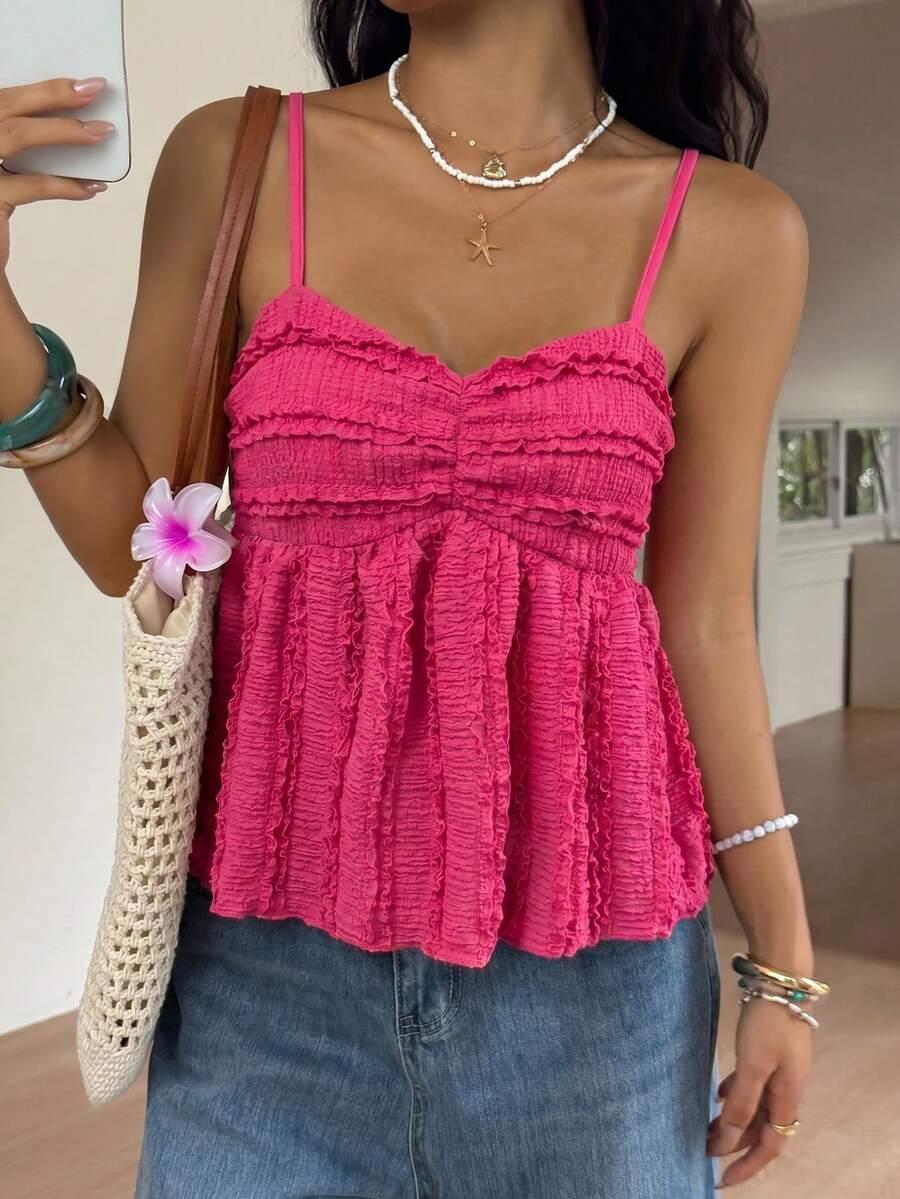 Blusa estilo babydoll feminina de verão, casual, em tecido texturizado liso, com busto franzido. - Rosa Quente - Ver 1