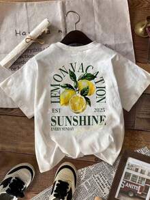 Plus Size Women's Lemon Print T-Shirt - Oversized Short-Sleeve Round Neck Blouse - Compatible Top | Lemon Holidays | Non-Casual Spring/Summer Blouse - Fits All Body Types (Hand Washable) - White - View 2