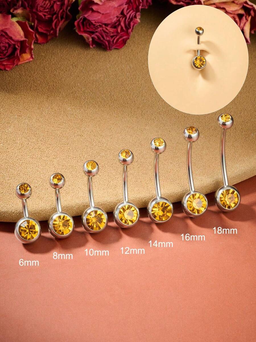 1pc Yellow CZ Belly Button Rings Stainless Steel, Internally Threaded Belly Rings, 14G Belly Piercing Jewelry, Belly Button Rings, Navel Piercing Jewelry For Women Men 6mm 8mm 10mm 12mm 14mm 16mm 18mm - Yellow - View 1