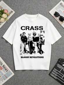 Camiseta blanca, con un llamativo estampado de "CRASS BLOODY REVOLUTIONS". Perfecto para los fans del punk rock y de temas revolucionarios. Ideal para regalar a los amantes de la música y a quienes aprecian los diseños audaces y atrevidos. Una camiseta de manga corta adecuada para el hogar, el uso diario, fiestas y viajes, perfecta como regalo para amigos o familiares. - Blanco - Ver 1